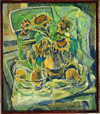27118048k - Heinz Reiss, 1923 Haßloch-2008, Stillleben mit Sonnenblumen und Birnen auf einem ...