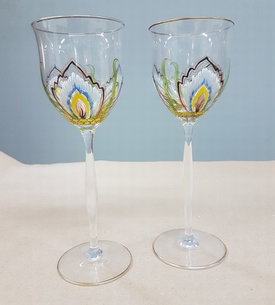 27118296a - Paar Stangen- bzw. Weingläser, Theresienthal, um 1900, farbloses Glas optisch geblasen, ...