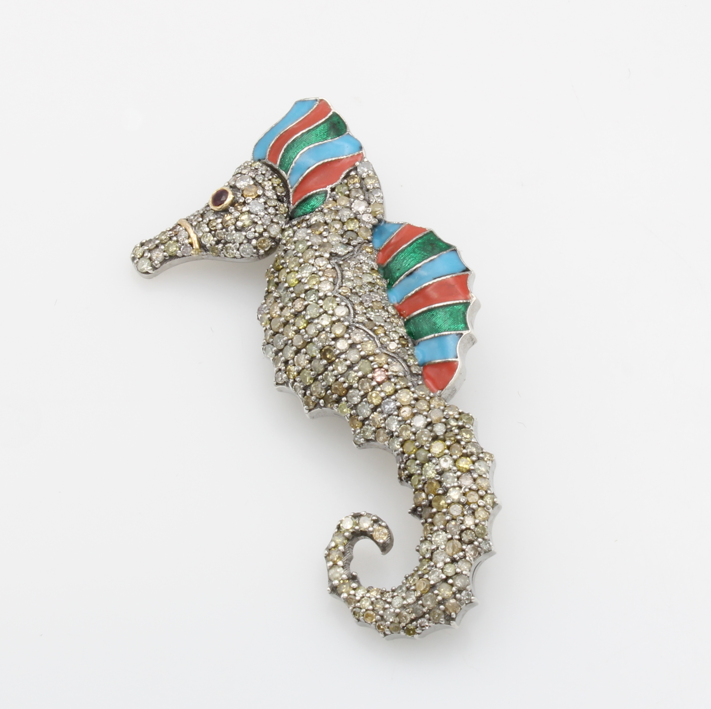 Image 27118341 - Clipanhänger/Brosche ´Seepferdchen´ mit Diamante, Rubin und Emaille, 925er Silber u.GG ...