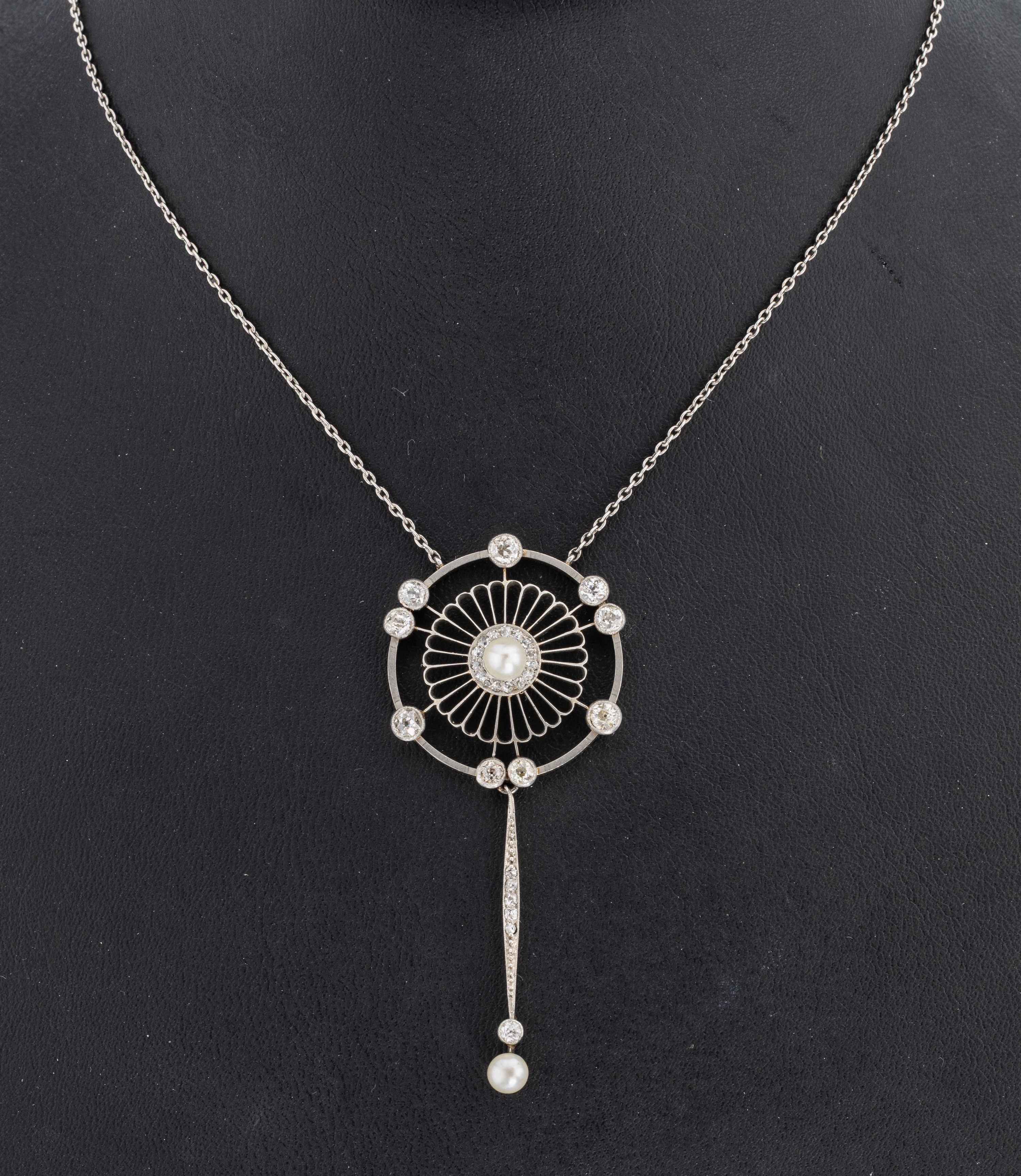Image 27118468 - Platin Jugendstil Perl-Diamant-Collier, wohl deutsch, um 1900, Pt gepr., 2 Naturperlen, ...