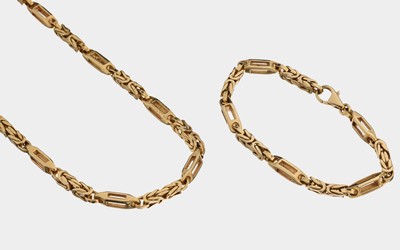 Image 14 kt gold jewelry set , YG 585/000, comprised of: necklace, l. approx. 46 cm, and ...