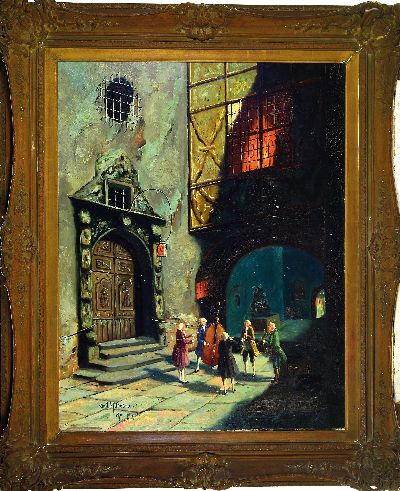 27118490k - Emil Hildebrand, deutscher Künstler um 1900-1930, Serenade, Musikergruppe vor einem ...