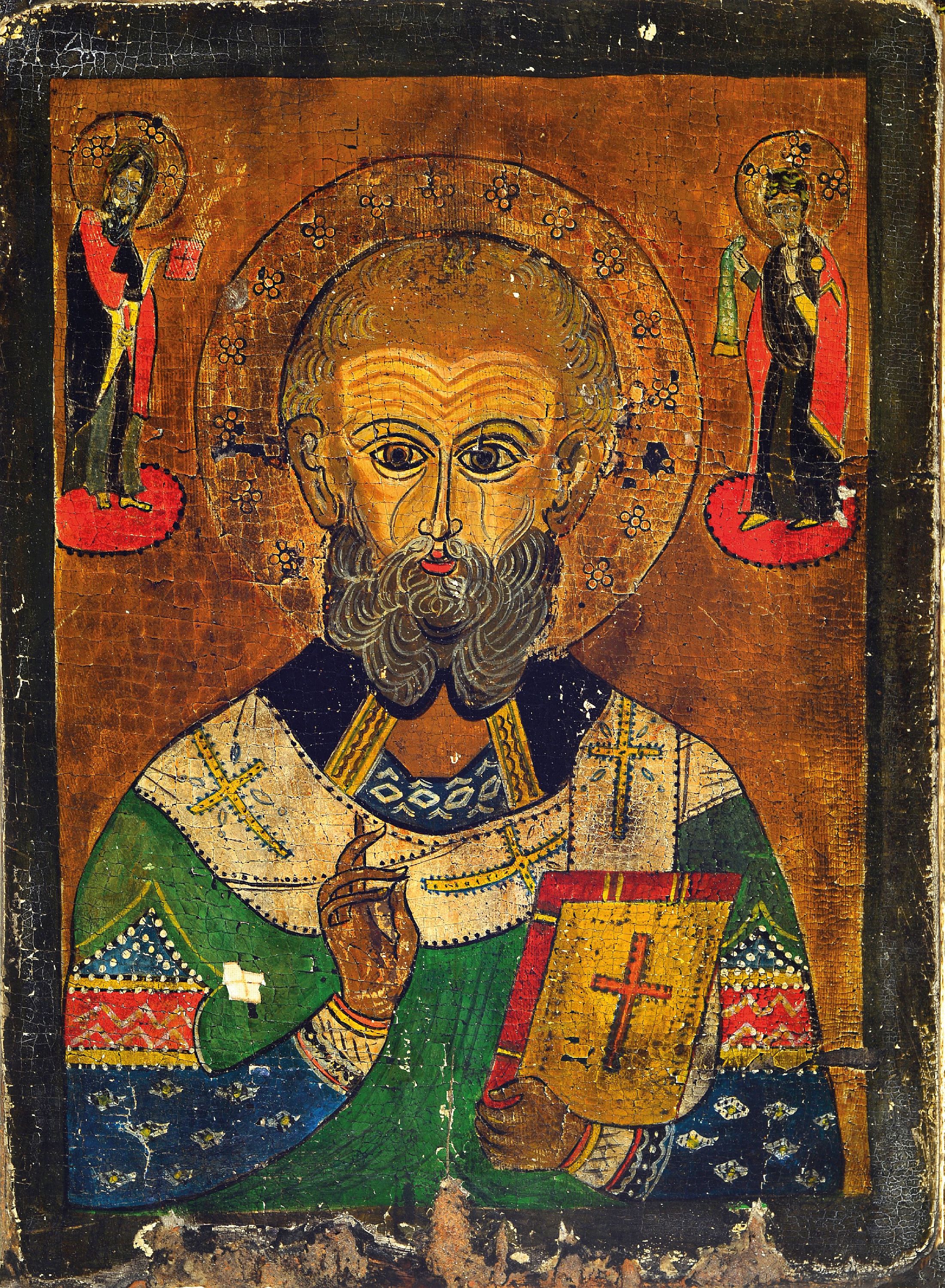 Image 27118553 - Ikone, Russland, um 1900, Hl. Nikolaus mit zwei Heiligen, Tempera auf Holz, ca. 28x20cm, ...