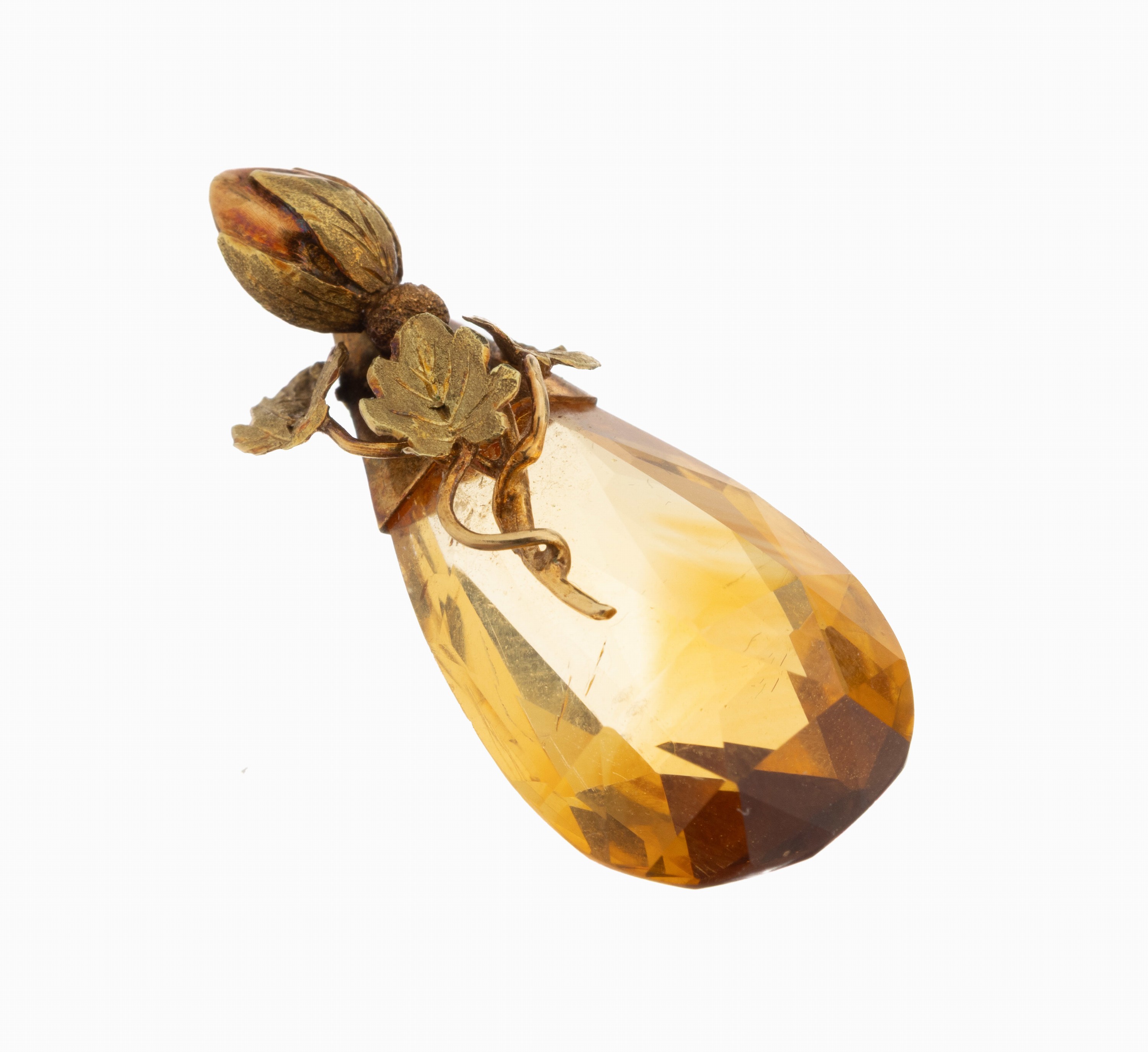 Image 27118575 - 18 kt Gold Citrin-Anhänger, GG 750/000, Fassung stil. Weinlaubdekor, facett. Citrin- ...