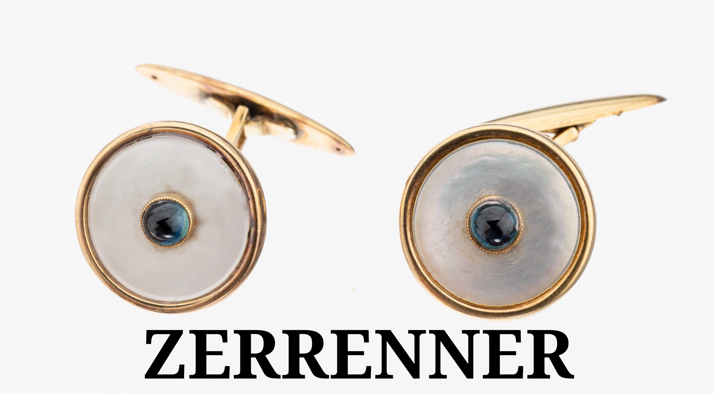 Image 27118582 - Paar 14 kt Gold ZERRENNER Perlmutt-Saphir- Manschettenknöpfe, GG 585/000, schlichtes ...