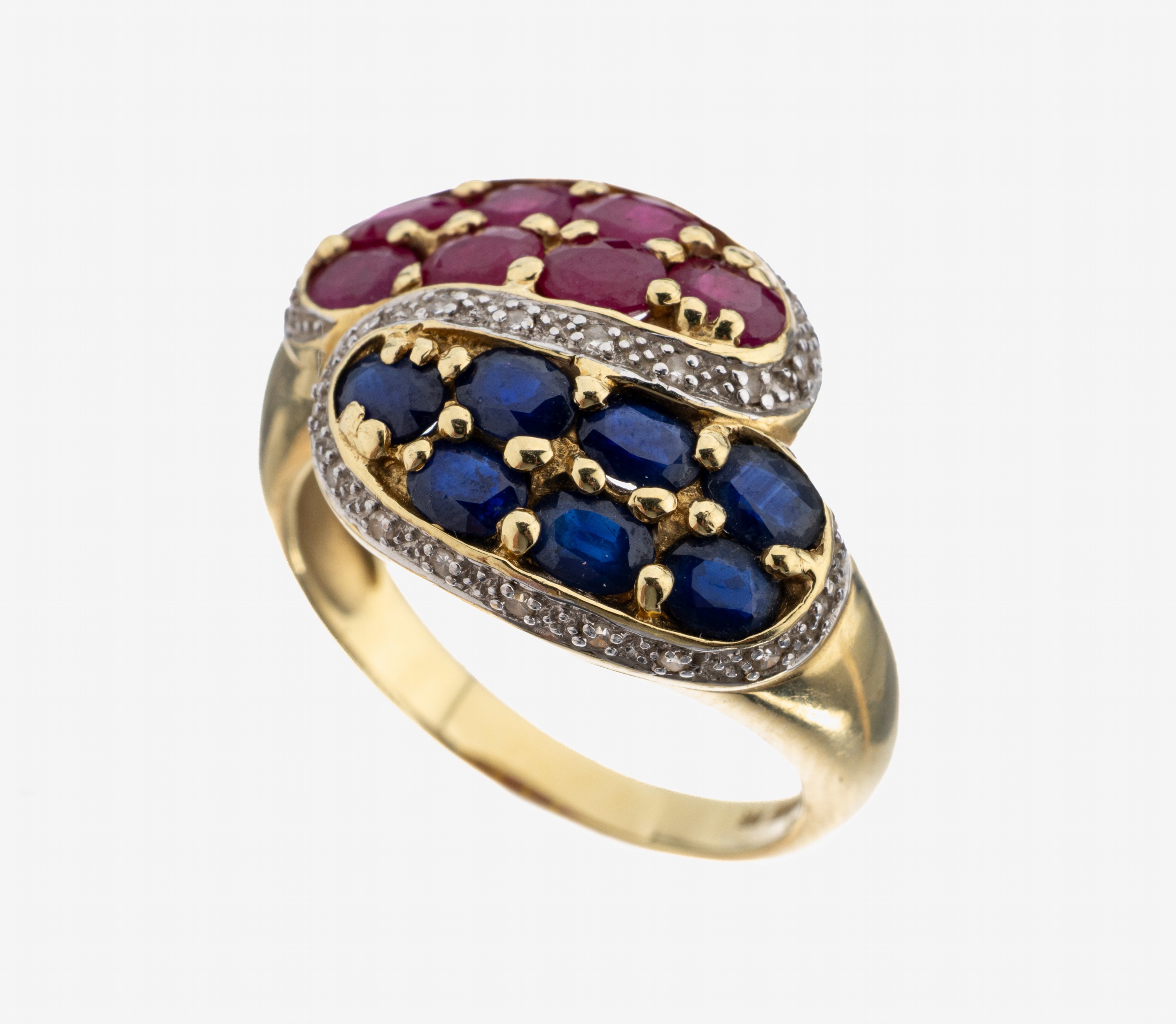 Image 27118583 - 14 kt Gold Rubin-Saphir-Diamant-Ring, GG 585/000, 2 angedeutete Schlangenköpfe, 7 ...