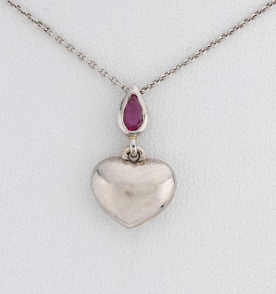 27118536a - Platin Collier mit Herzanhänger, facett. Rubellith-Tropfen, Abhängung mit massivem ...