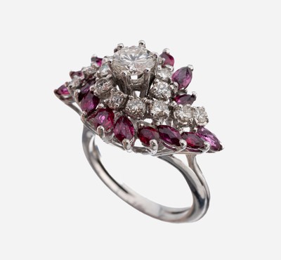 Image 14 kt gold brilliant-ruby-ring , WG 585/000,centered embossed setted brilliant approx. ...