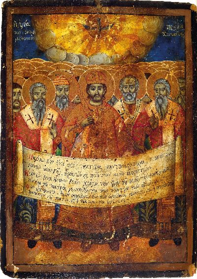 27118552k - Ikone, Russland, 19. Jh., Das erste Konzil von Nicä, mittig Christus als Hohepriester, ...