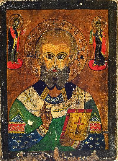 27118553k - Ikone, Russland, um 1900, Hl. Nikolaus mit zwei Heiligen, Tempera auf Holz, ca. 28x20cm, ...