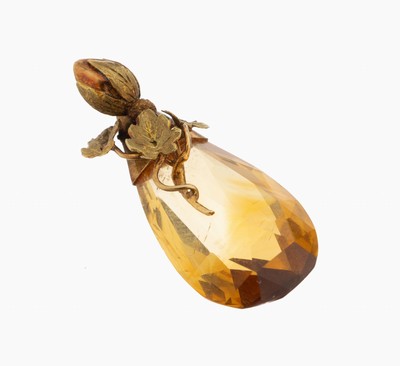 Image 18 kt gold citrine-pendant , YG 750/000, setting styl. wine leaf decor, bevelled ...