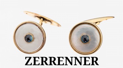 Image Pair of 14 kt gold ZERRENNER mother of pearl- sapphire-cufflinks , YG 585/000, ...