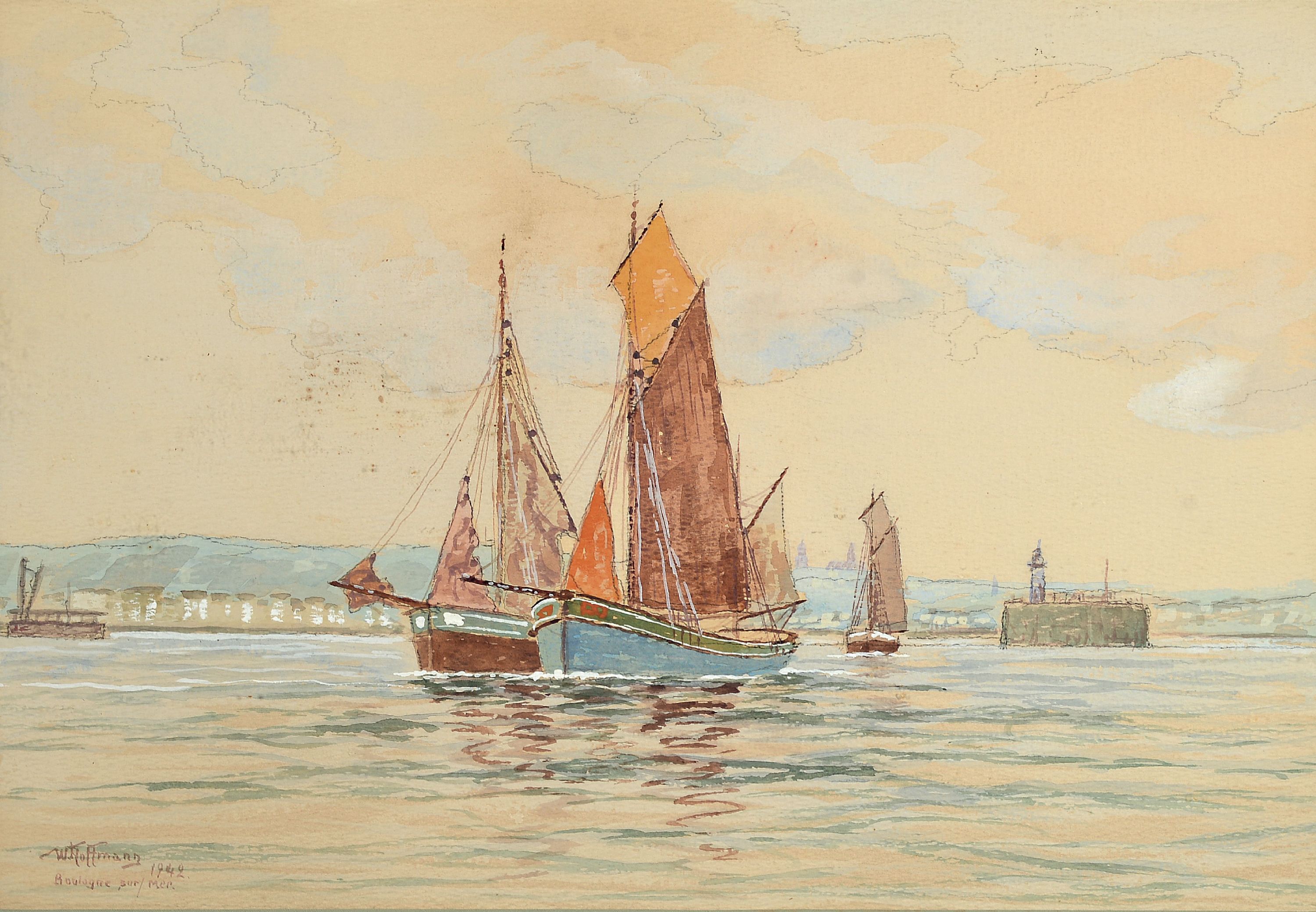 Image 27118628 - Wilhelm Hoffmann, 1897-1986, norddeutscher Marinemaler, Segelboot vor der Hafeneinfahrt, ...