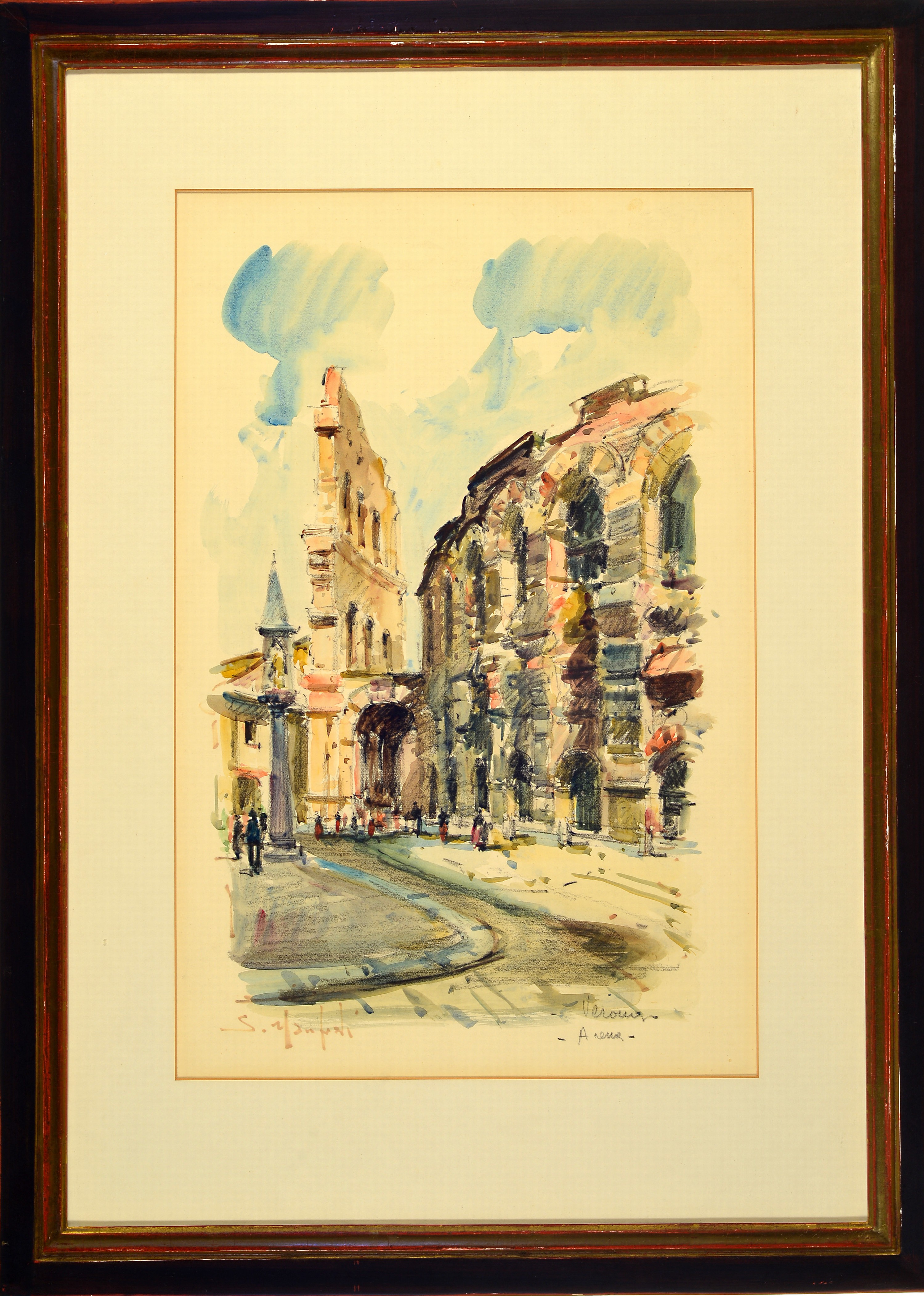 Detail b: Sergio Manfredi, geb. 1932 Turin, 3 aquarellierte Lithographien, alle handsign.:Verona, Piazza Erbe, ca. 24x36cm, PP, u.Gl., R. ca. 44x56cm; Venezia ...