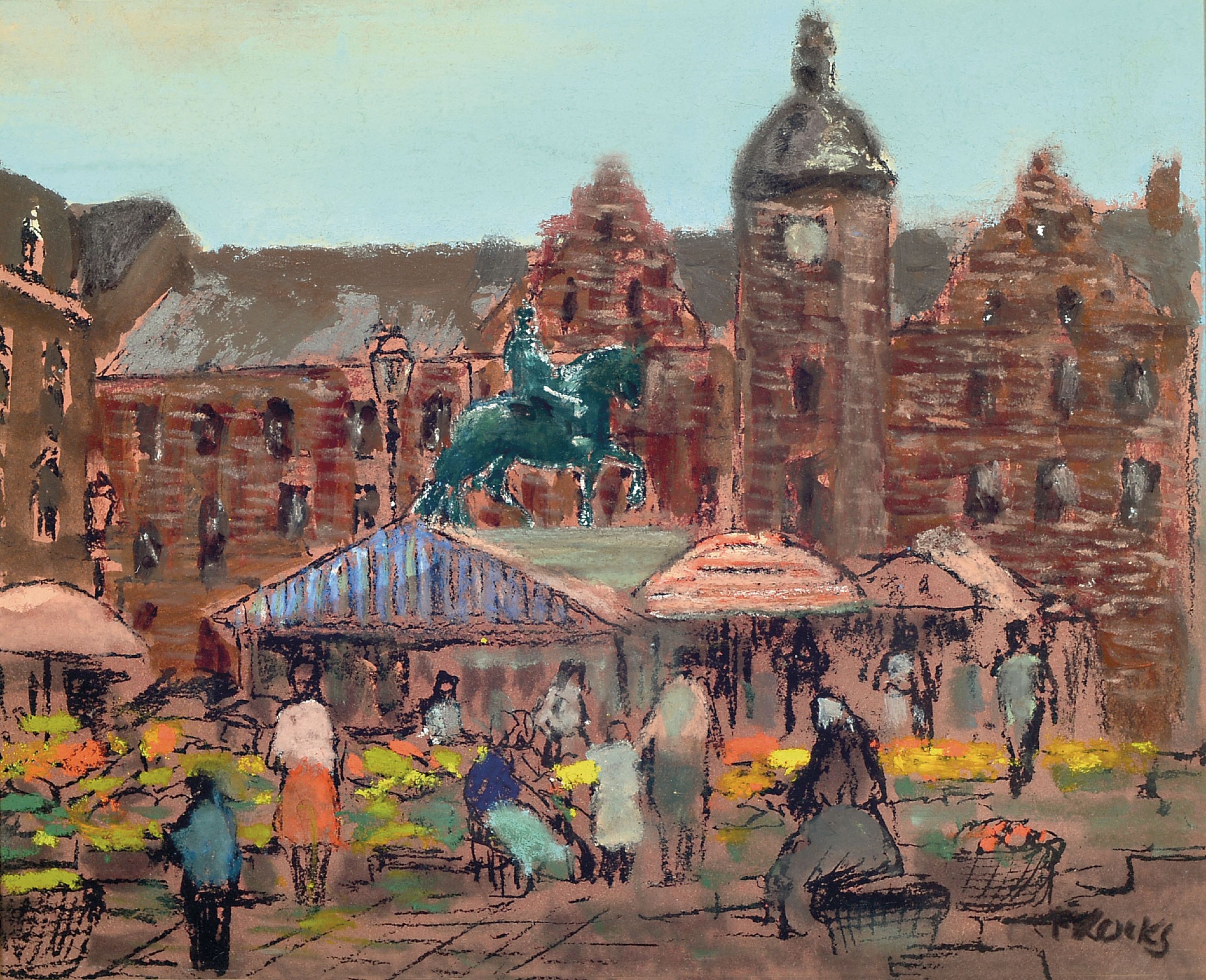 Image 27118650 - Fred Kocks, 1905 Ulm-1989 Düsseldorf, Geschäftiges Treiben auf dem Marktplatz in der ...