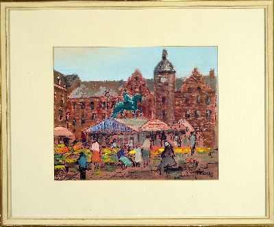 27118650k - Fred Kocks, 1905 Ulm-1989 Düsseldorf, Geschäftiges Treiben auf dem Marktplatz in der ...