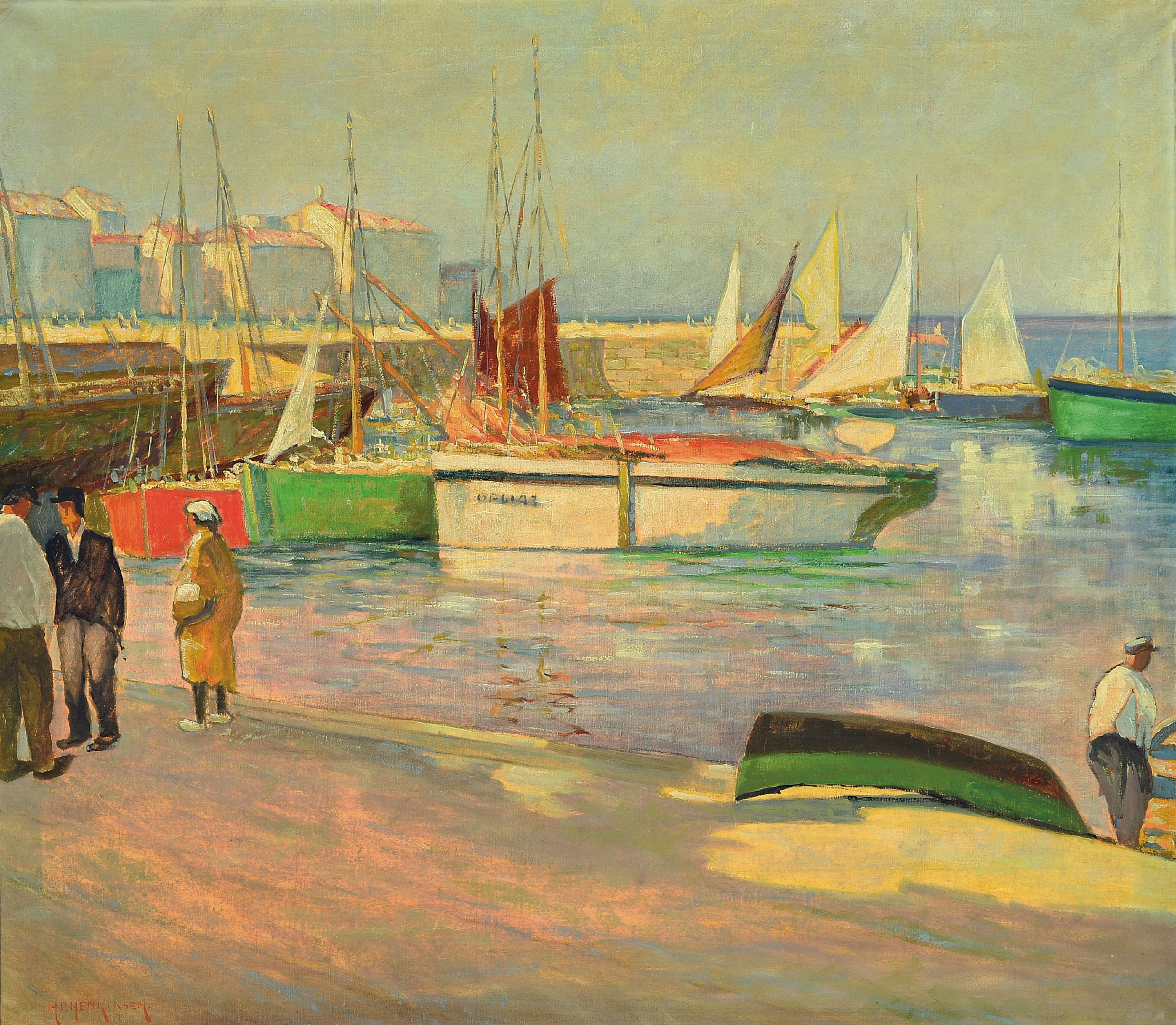 Image 27118844 - H.P. Henriksen, erste Hälfte 20. Jh., Hafenansicht mit Segelbooten und Personen, ...