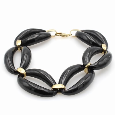 27118858a - Armband mit schwarzer Jade, GG 585/000, 6 ovale Glieder, Karabinerschl., L. ca. 20.5 cm ...