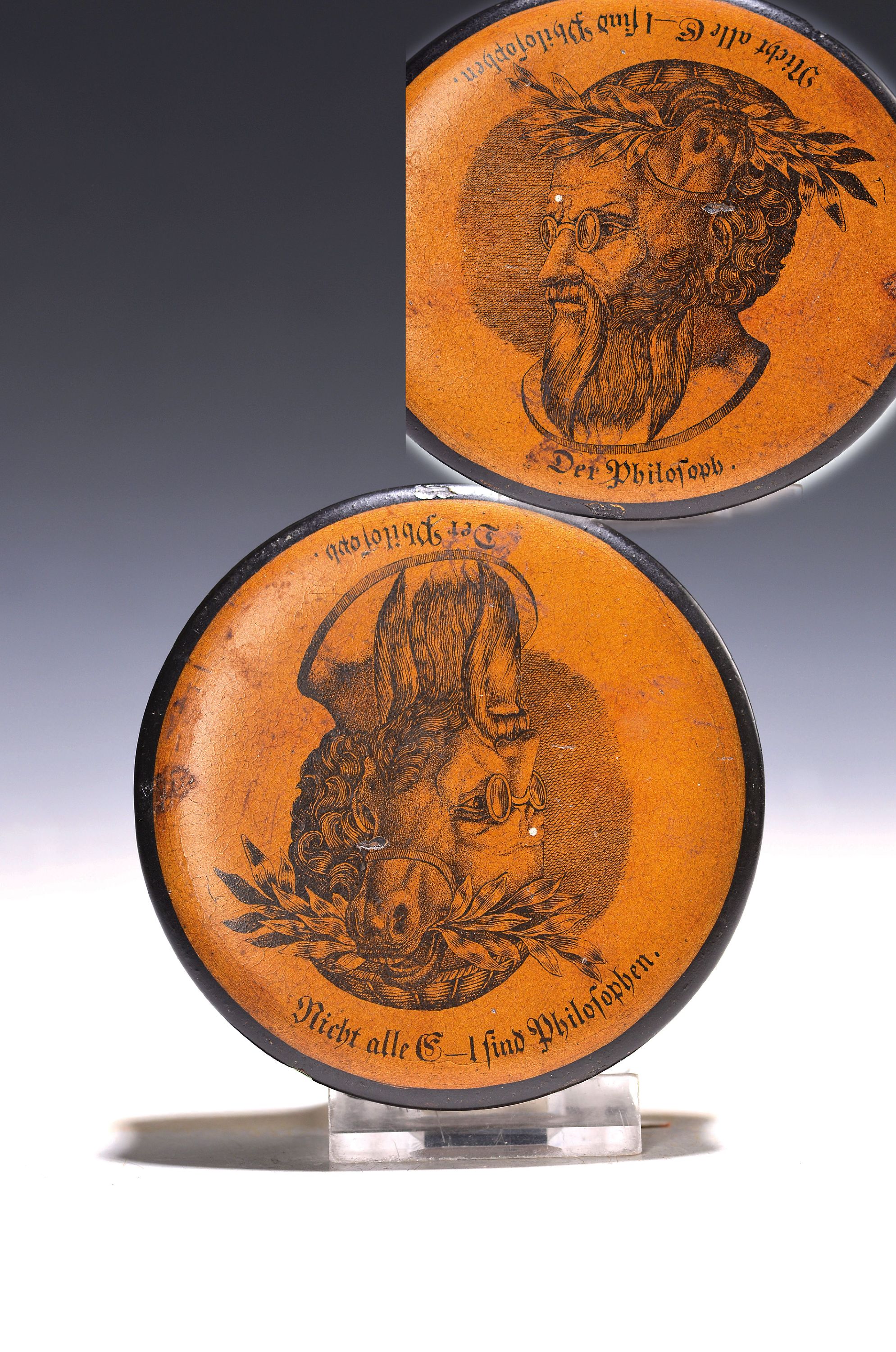 Image 27118980 - Lackdose, deutsch, um 1800, Deckel mit Wendebild Philosoph und Esel mit Inschrift: Der ...