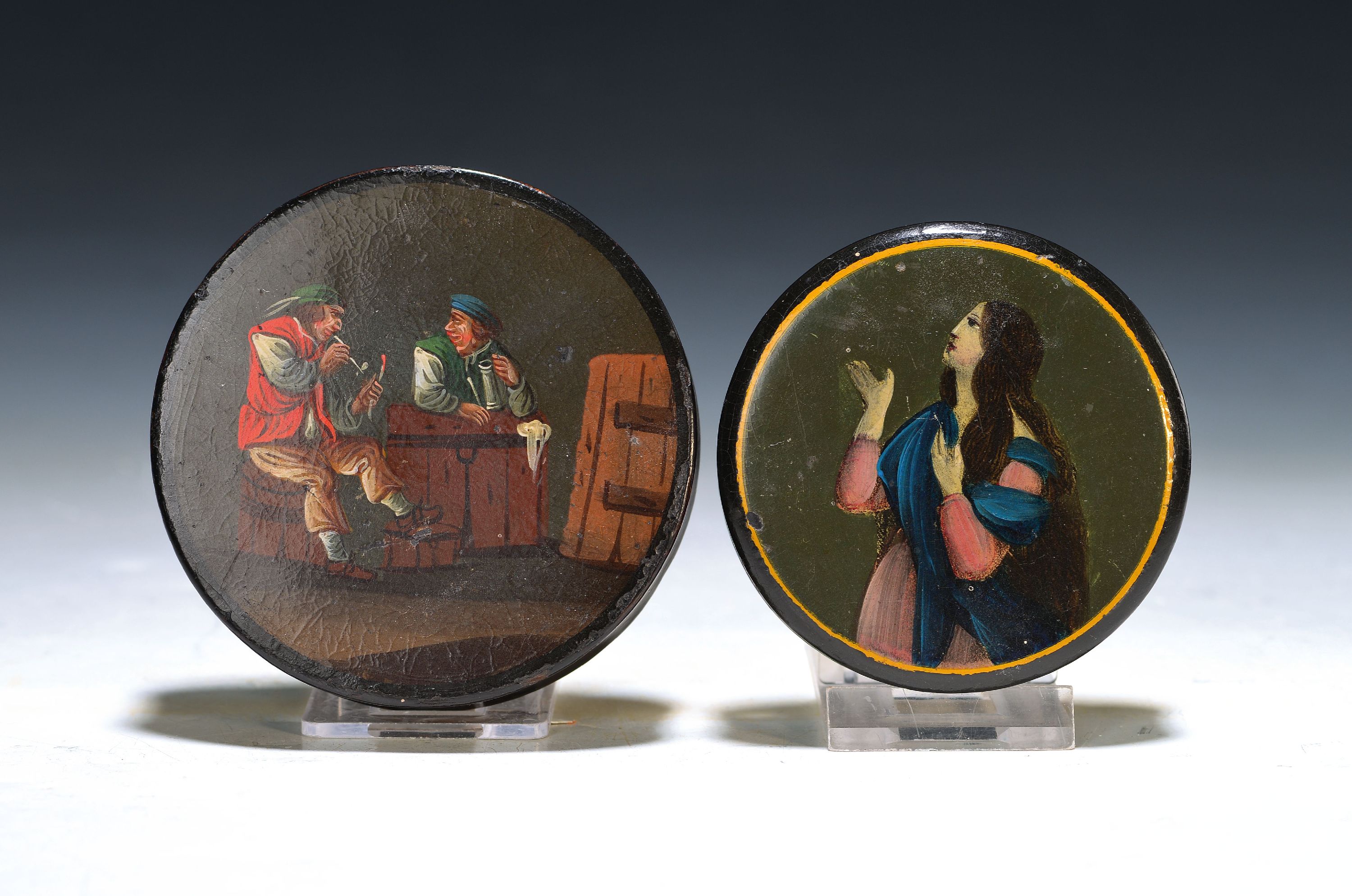 Image 27118992 - 2 Lackdosen, deutsch, um 1800, Deckel bunt bemalt mit Pfeife rauchenden und trinkenden ...