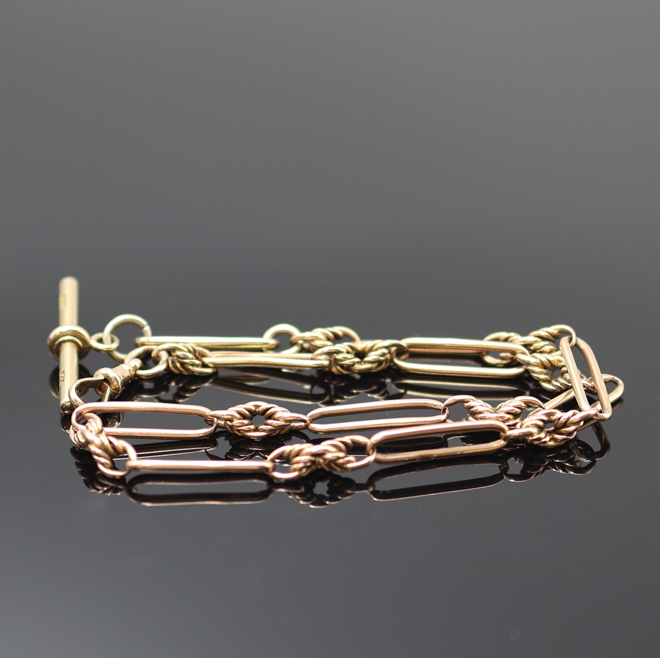 Image 27119070 - Taschenuhrkette in RG 375/000, um 1910, Kette m. Karabiner u. Knebel, lang-ovale Glieder ...
