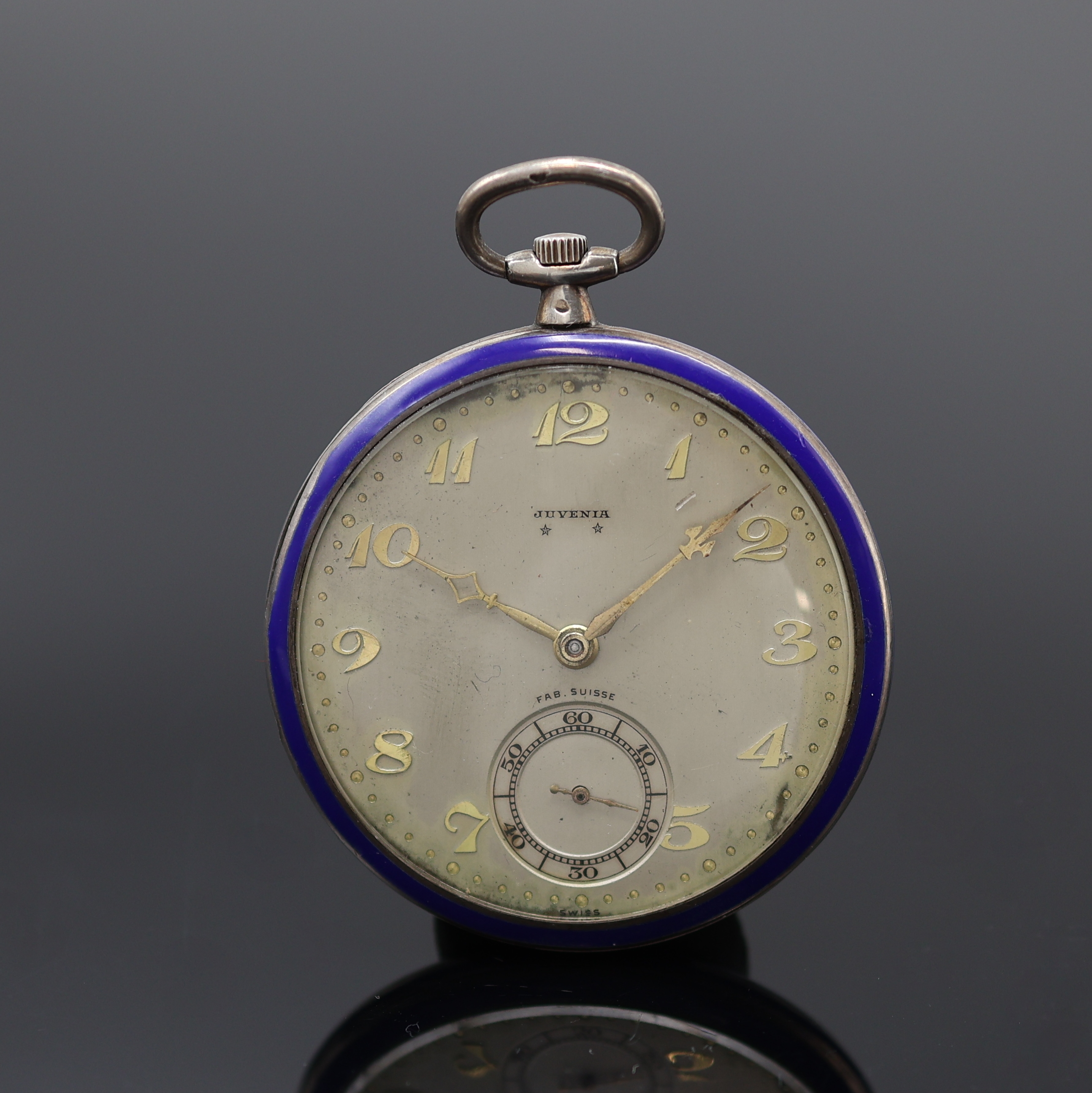 Image 27119093 - JUVENIA offene Email-Taschenuhr in Sterlingsilber, Schweiz um 1920, glattes Geh., ...