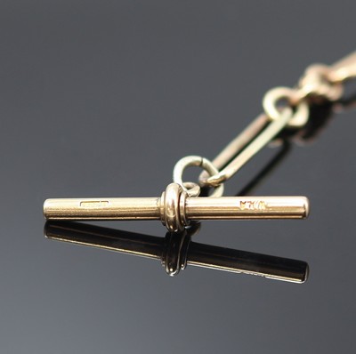 27119070b - Taschenuhrkette in RG 375/000, um 1910, Kette m. Karabiner u. Knebel, lang-ovale Glieder ...