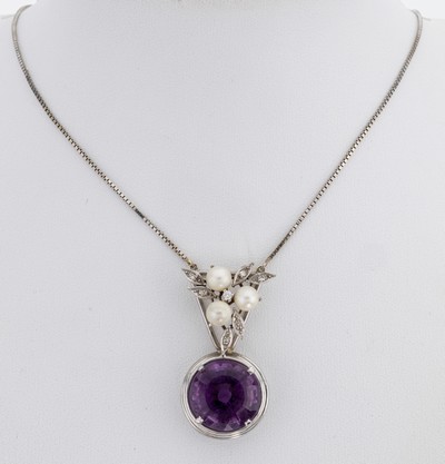 Image 14 kt gold amethyst-diamond-pearl-necklace ,WG 585/000, round bevelled amethyst approx. ...