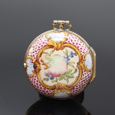 27119085a - Perrad á Lyon Email-Spindeltaschenuhr in RG 750/000, Frankreich um 1760, Geh. m. ...