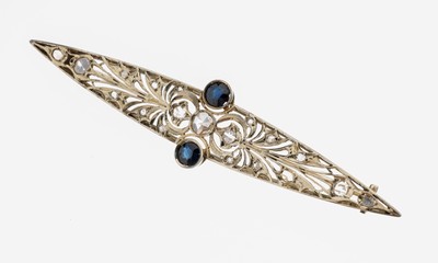 Image 8 kt gold sapphire-diamond-brooch , probably1930s, WG 333/000 tested, marquiseform, fret ...