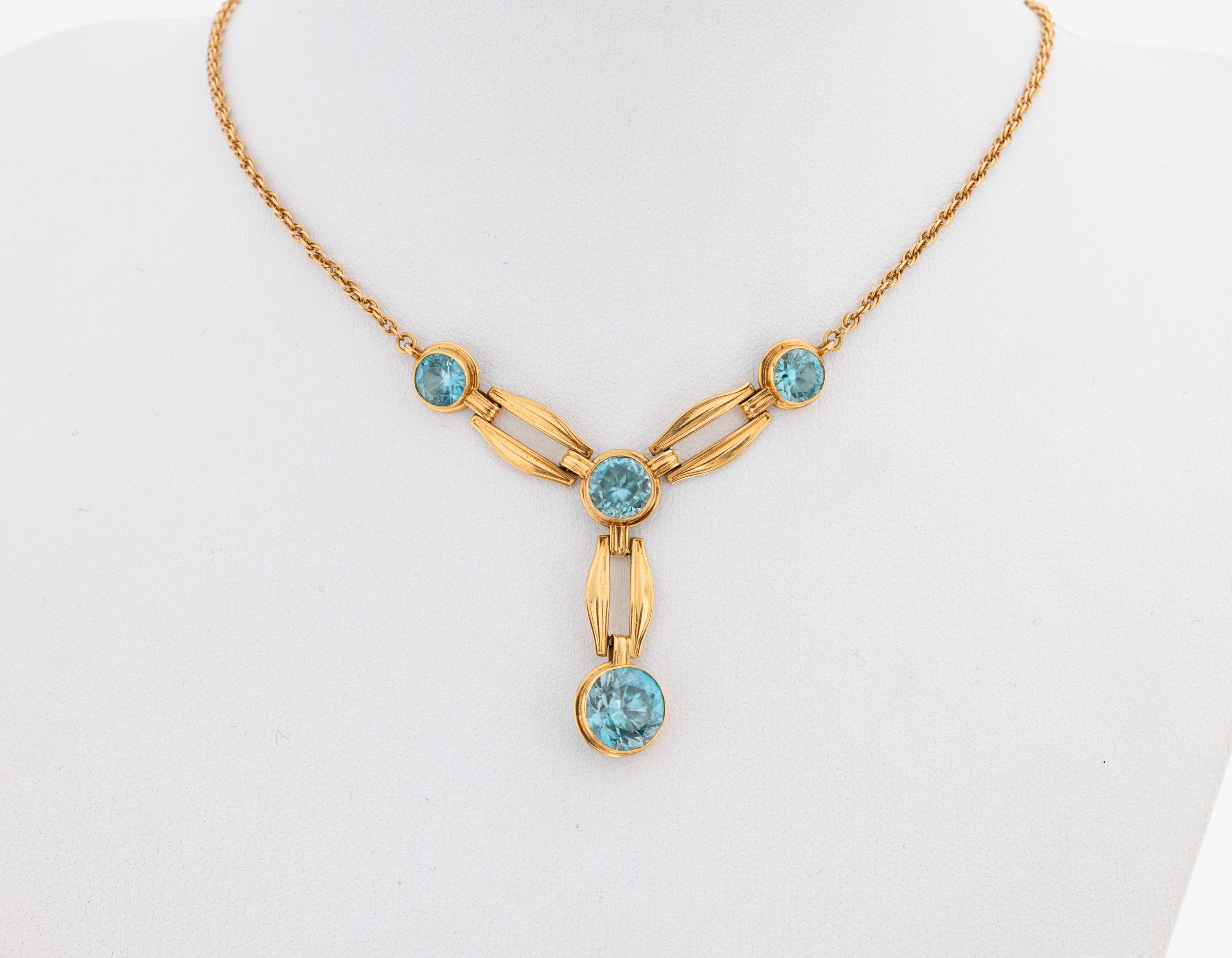 Image 27119103 - 14 kt Gold Zirkon-Collier, GG 585/000, geometrisches Mittelteil, 4 rundfacett. blaue ...