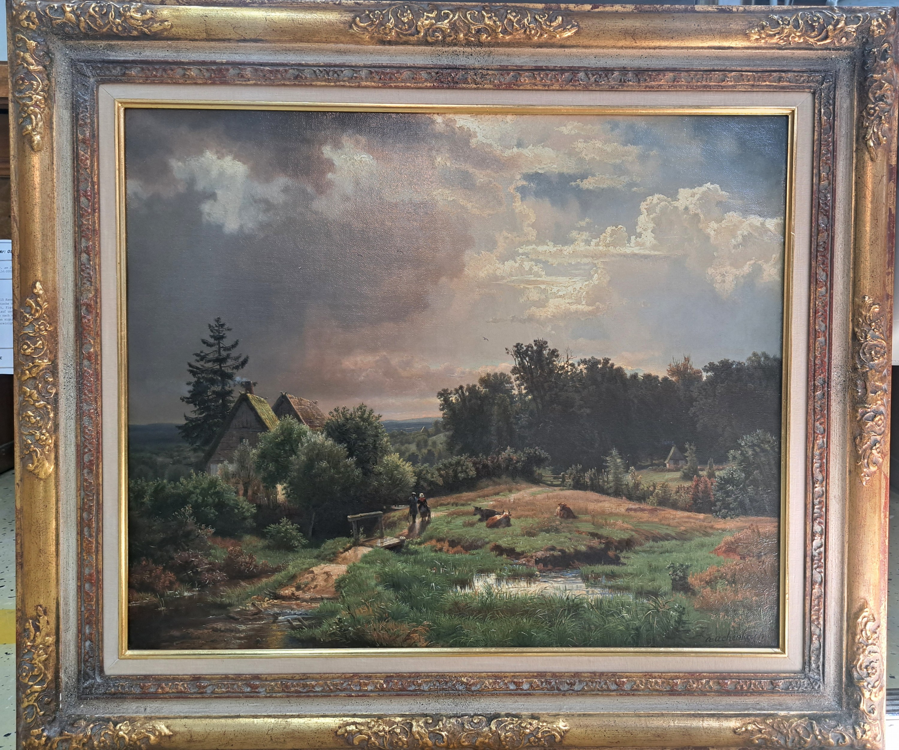 Detail a: Andreas Achenbach, 1815 Kassel-1910 Düsseldorf, mitteldeutsche oder norwegische Landschaft, Figurenpaar und Viehherde nebst Bachlauf und Mühle, ...