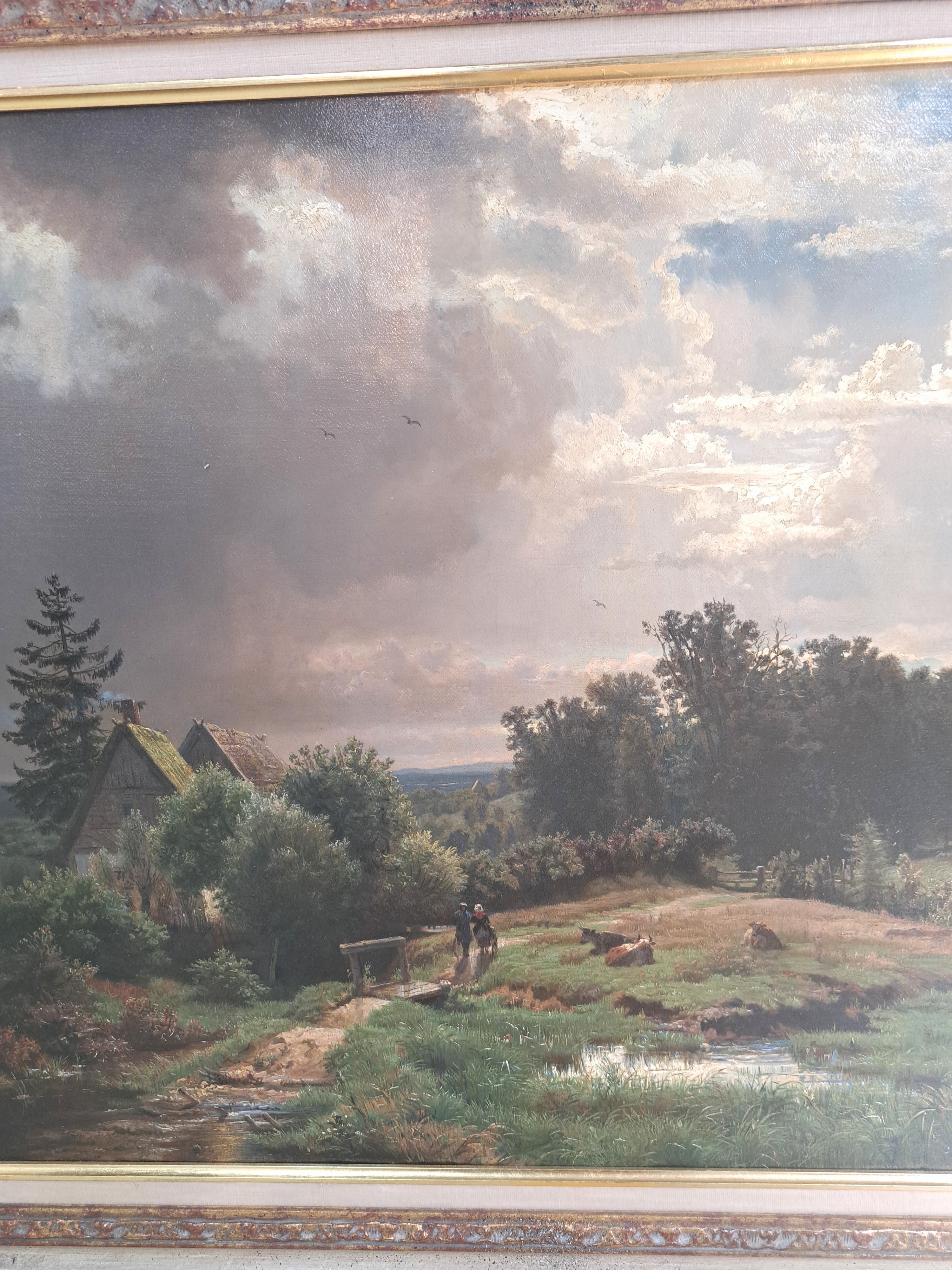 Detail b: Andreas Achenbach, 1815 Kassel-1910 Düsseldorf, mitteldeutsche oder norwegische Landschaft, Figurenpaar und Viehherde nebst Bachlauf und Mühle, ...