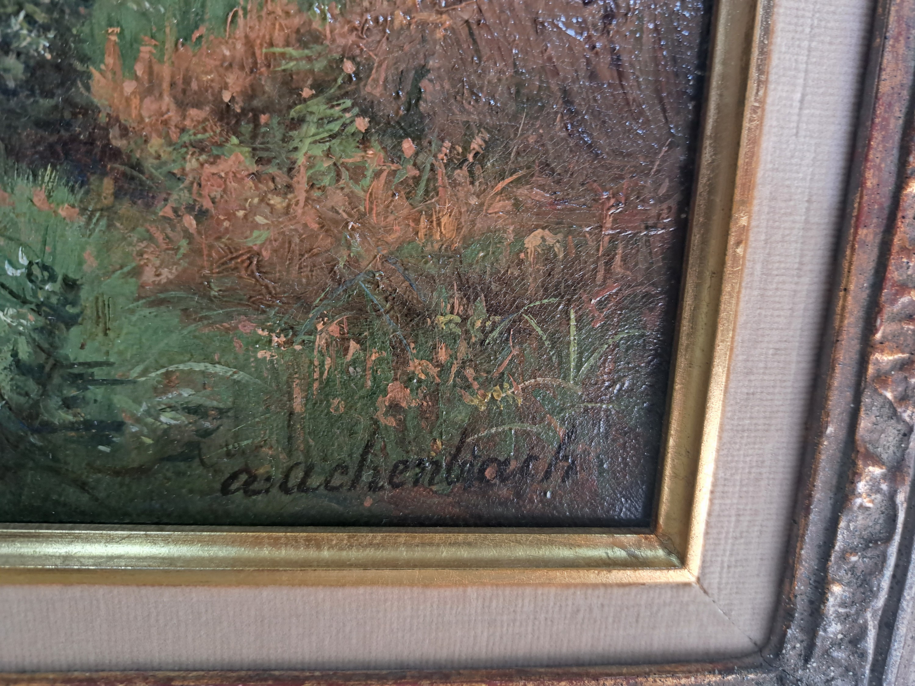 Detail c: Andreas Achenbach, 1815 Kassel-1910 Düsseldorf, mitteldeutsche oder norwegische Landschaft, Figurenpaar und Viehherde nebst Bachlauf und Mühle, ...