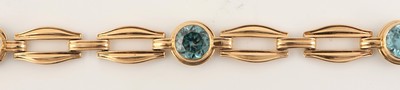 27119102a - 14 kt Gold Zirkon-Armband, GG 585/000, geometrische Glieder, 3 rundfacett. blaue ...
