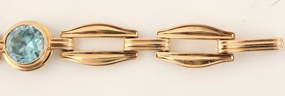 27119102b - 14 kt Gold Zirkon-Armband, GG 585/000, geometrische Glieder, 3 rundfacett. blaue ...
