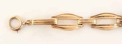 27119102c - 14 kt Gold Zirkon-Armband, GG 585/000, geometrische Glieder, 3 rundfacett. blaue ...