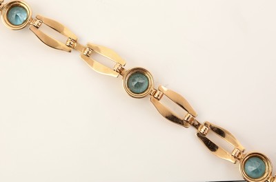 27119102d - 14 kt Gold Zirkon-Armband, GG 585/000, geometrische Glieder, 3 rundfacett. blaue ...