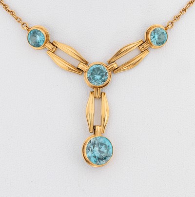 27119103a - 14 kt Gold Zirkon-Collier, GG 585/000, geometrisches Mittelteil, 4 rundfacett. blaue ...