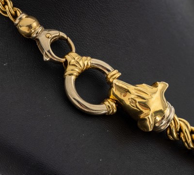 27119106a - 18 kt Gold Collier, GG 750/000, verlaufend,1 Ende mit plastischem Hundekopf, L. ca. 43 ...