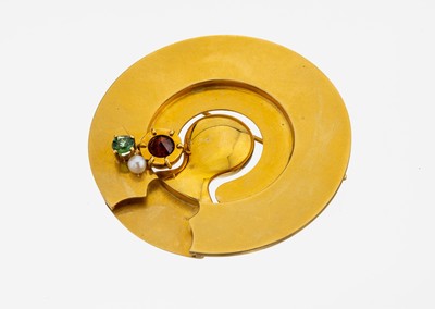 Image 18 kt gold coloured stone-pearl-brooch , YG 750/000, high quality workmanship, unusual ...