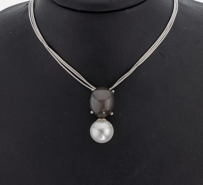 Image 14 kt gold moonstone-pearl-pendant , WG 585/000, oval moonstone-cabochon, movable ...