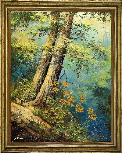 27119133k - Füssner, Maler der 1. Hälfte des 20. Jh., Bäume und Blumen am Grat einer Schlucht, ...