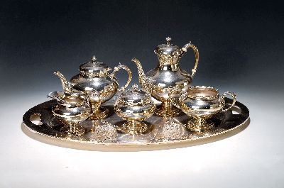 Image Kaffee- und Teeset, Sheffield, 925er Sterlingsilber, Tablett versilbert ca. 62x43cm, ...