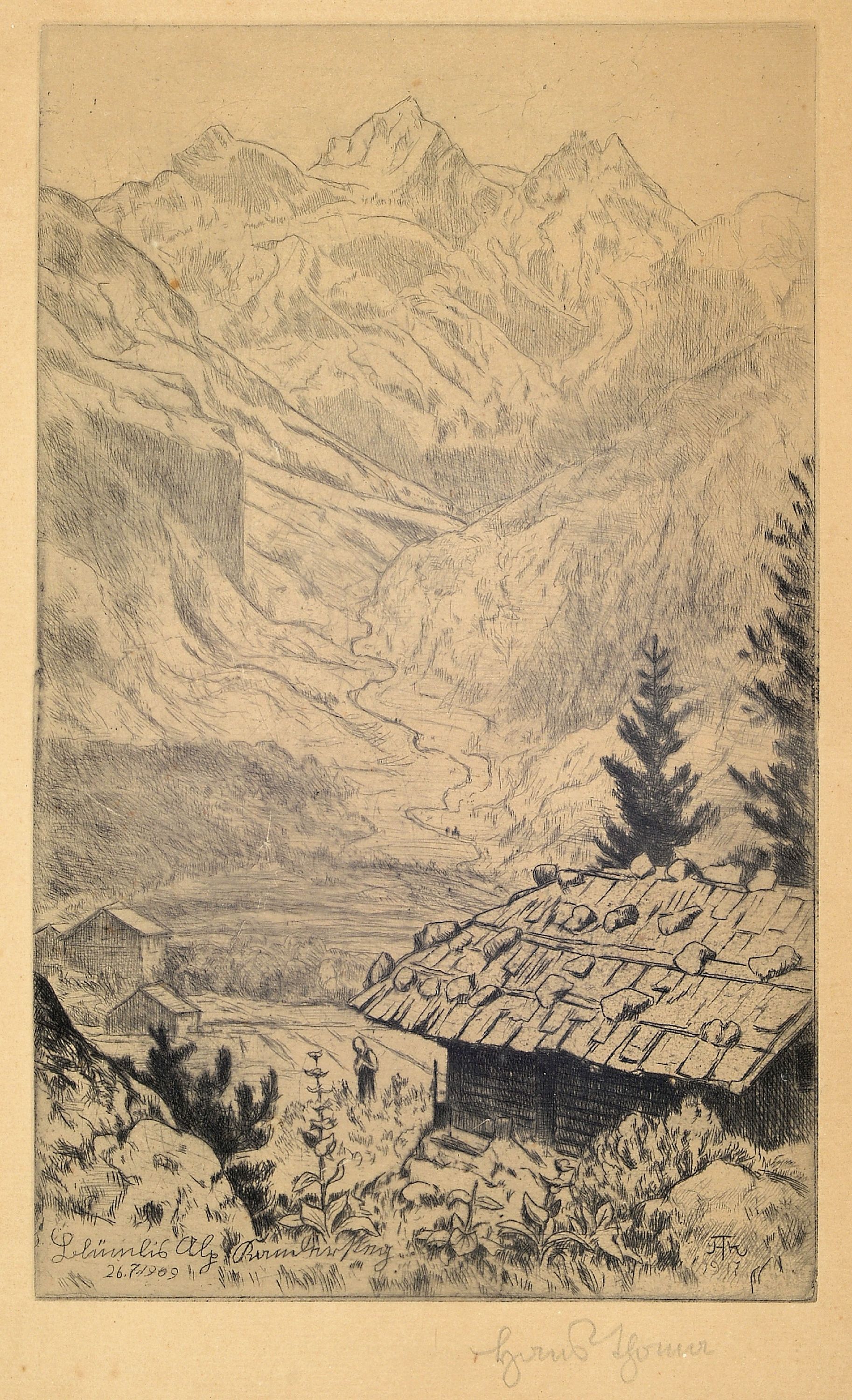 Detail a: Hans Thoma, 1839 Bernau-1924 Karlsruhe, 2 Radierungen, "Sonntagmorgen (Landschaft mit Gitarrenspieler) und "Blümlisalp" (1917), je ...