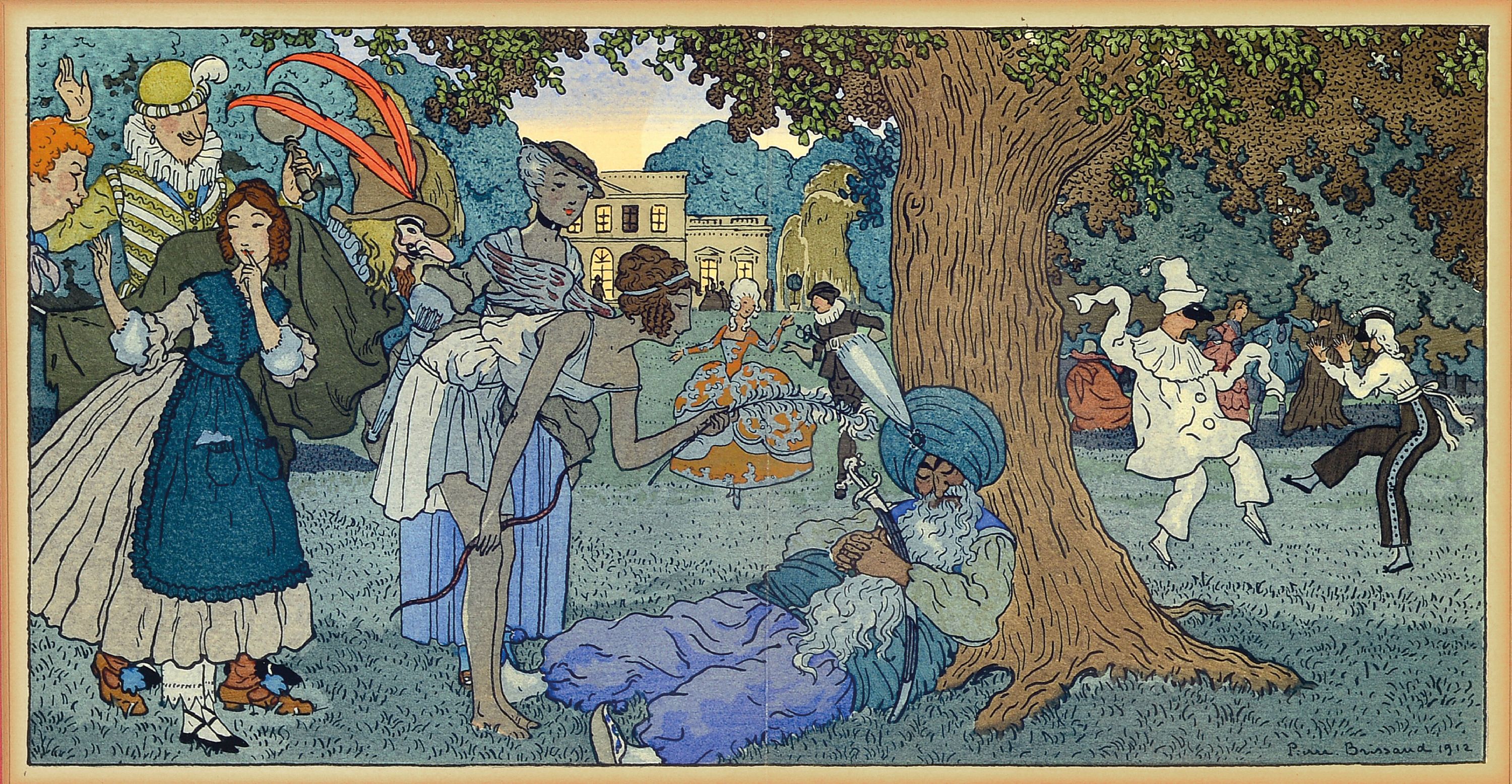 Image 27119434 - Pierre Brissaud, 1885-1964, French illustrator, 3 pochoirs, Fetes galantes in ArtNouveau, ...