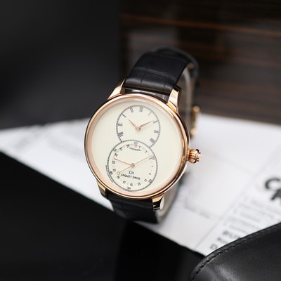 Image JAQUET DROZ unworn 18k pink gold gents wristwatch Grande Seconde Quantieme Ivory Enamel ...