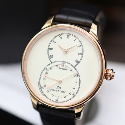 27119421a - JAQUET DROZ ungetragene Herrenarmbanduhr Grande Seconde Quantieme Ivory Enamel in ...
