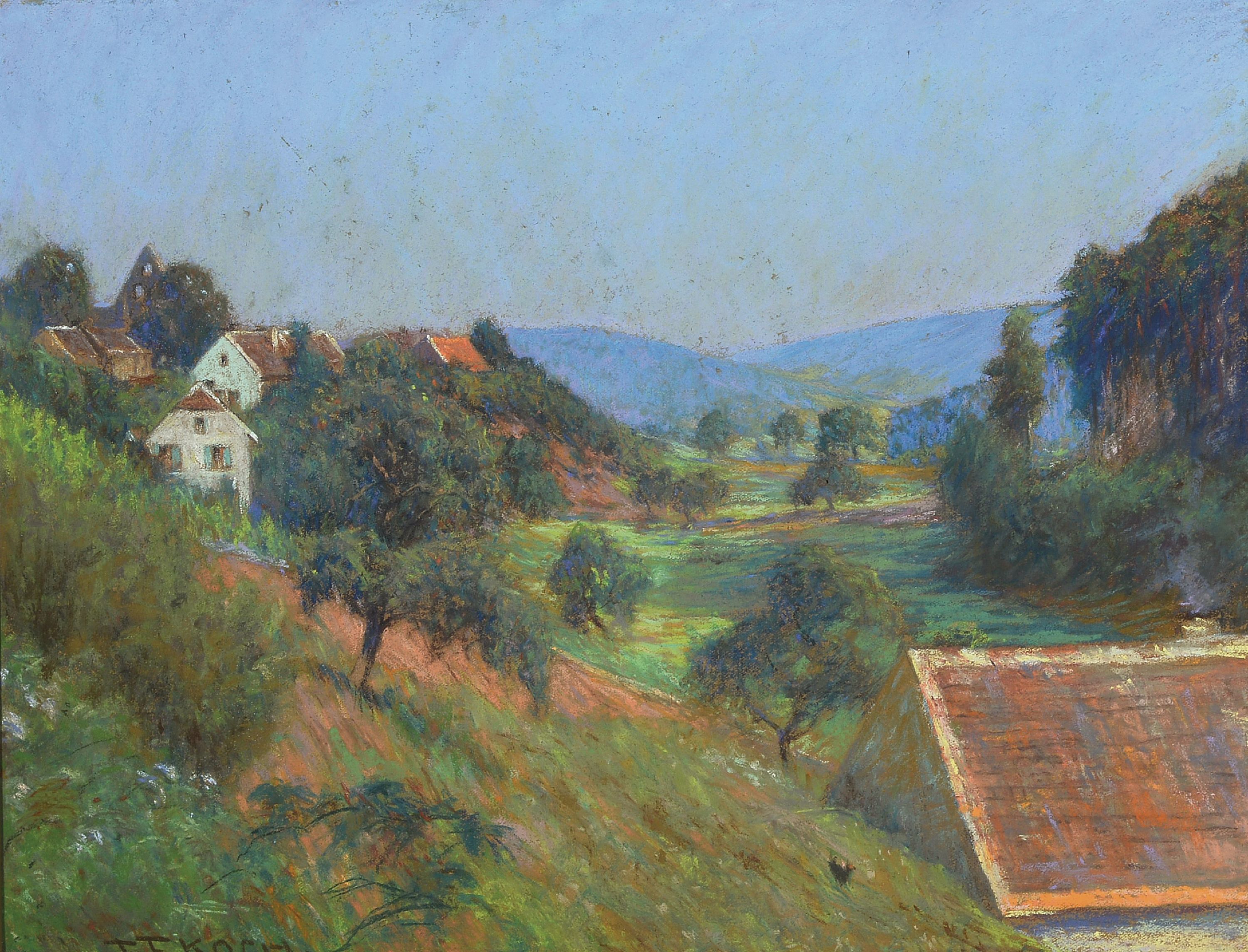 Image 27119585 - Friedrich Ferdinand Koch, 1863-19236 Landau, Landschaft mit Dorf und Ruine in der Pfalz, ...