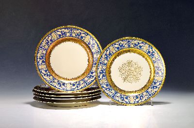 Image 6 charger plates, Rosenthal, 1945-49, porcelain, cobalt blue flag with arabesques ingold, ...